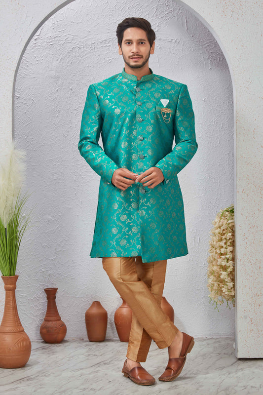Indian Designer Wedding Wear Jacquard Fabric Indo-Western Sherwani Pajama Set For Men