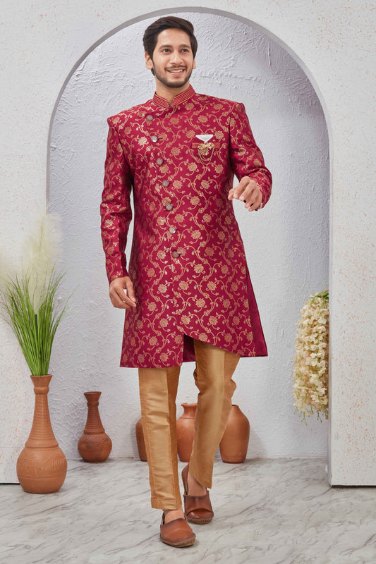 Indian Designer Wedding Wear Jacquard Fabric Indo-Western Sherwani Pajama Set For Men