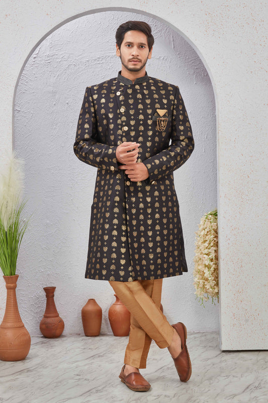 Indian Designer Wedding Wear Jacquard Fabric Indo-Western Sherwani Pajama Set For Men
