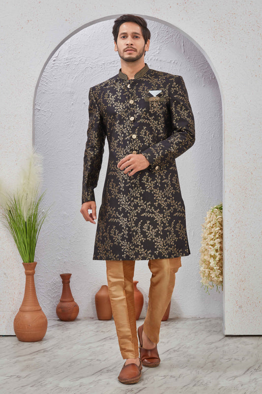 Indian Designer Wedding Wear Jacquard Fabric Indo-Western Sherwani Pajama Set For Men