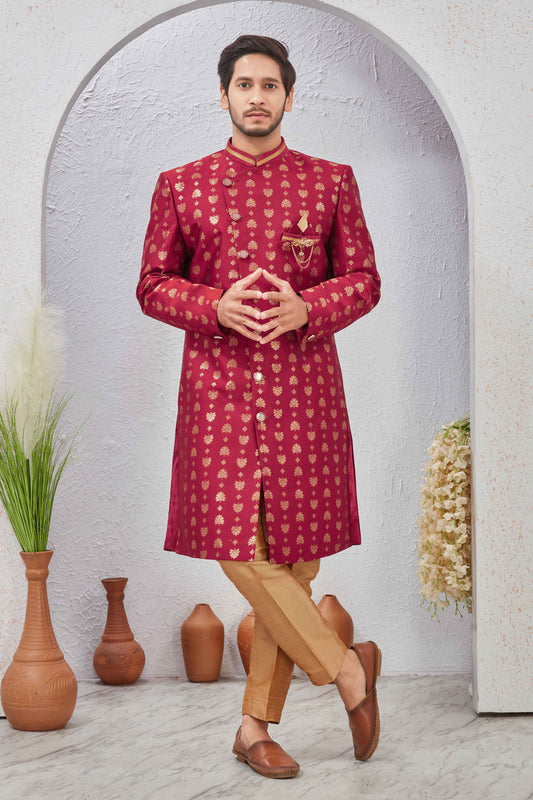 Indian Designer Wedding Wear Jacquard Fabric Indo-Western Sherwani Pajama Set For Men