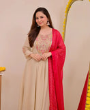 Cream Embellished Silk Kurta Pant Set with Dupatta