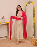 Cream Embellished Silk Kurta Pant Set with Dupatta