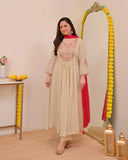 Cream Embellished Silk Kurta Pant Set with Dupatta
