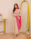 Cream Embellished Silk Kurta Pant Set with Dupatta