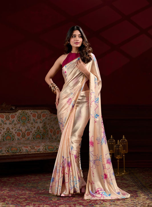 Cream Silk Saree with Multicolor Floral Print and Pearl Detailing