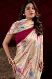 Cream Silk Saree with Multicolor Floral Print and Pearl Detailing