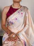 Cream Silk Saree with Multicolor Floral Print and Pearl Detailing