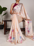 Cream Silk Saree with Multicolor Floral Print and Pearl Detailing