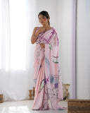 Soft Pastel Pink Artistic Print Silk Saree with Mirror Scallop Border