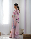 Soft Pastel Pink Artistic Print Silk Saree with Mirror Scallop Border