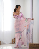 Soft Pastel Pink Artistic Print Silk Saree with Mirror Scallop Border