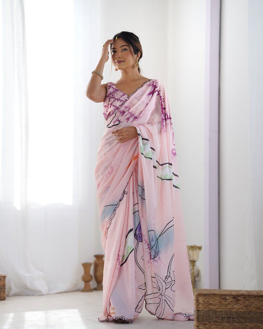 Soft Pastel Pink Artistic Print Silk Saree with Mirror Scallop Border