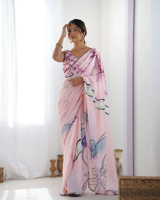 Woman wearing a pink floral saree in a minimalistic setting Glanzavi