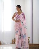Soft Pastel Pink Artistic Print Silk Saree with Mirror Scallop Border