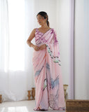 Soft Pastel Pink Artistic Print Silk Saree with Mirror Scallop Border