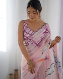 Soft Pastel Pink Artistic Print Silk Saree with Mirror Scallop Border