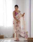 Beige Floral Dream Silk Saree with Scalloped Mirror Lace Border