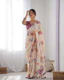 Beige Floral Dream Silk Saree with Scalloped Mirror Lace Border