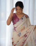 Beige Floral Dream Silk Saree with Scalloped Mirror Lace Border