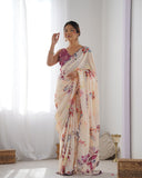 Beige Floral Dream Silk Saree with Scalloped Mirror Lace Border