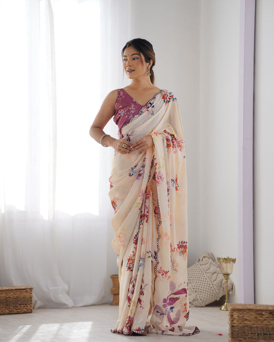 Beige Floral Dream Silk Saree with Scalloped Mirror Lace Border