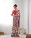 Vibrant Multicolor Geometric Print Silk Saree with Mirror Lace Border