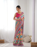 Vibrant Multicolor Geometric Print Silk Saree with Mirror Lace Border
