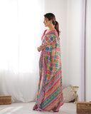 Vibrant Multicolor Geometric Print Silk Saree with Mirror Lace Border
