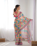 Vibrant Multicolor Geometric Print Silk Saree with Mirror Lace Border