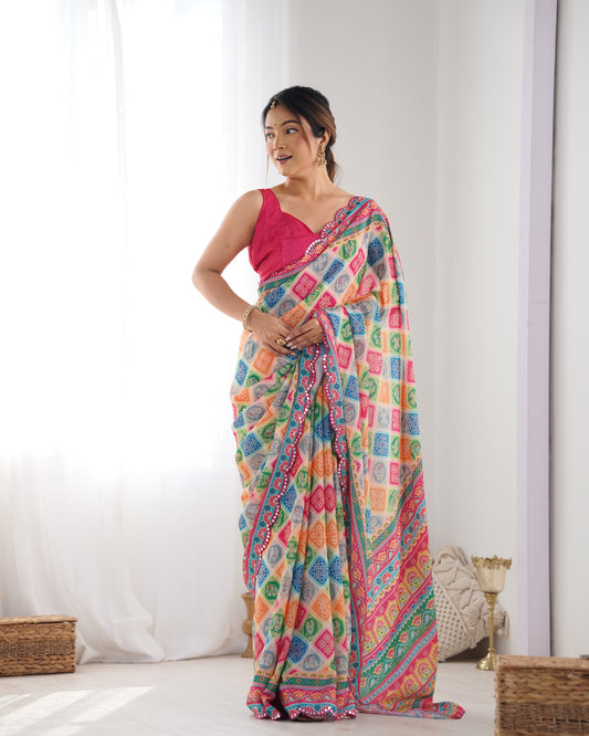 Vibrant Multicolor Geometric Print Silk Saree with Mirror Lace Border