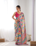 Vibrant Multicolor Geometric Print Silk Saree with Mirror Lace Border