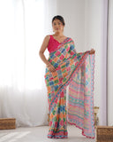 Vibrant Multicolor Geometric Print Silk Saree with Mirror Lace Border