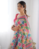 Vibrant Multicolor Geometric Print Silk Saree with Mirror Lace Border