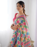Vibrant Multicolor Geometric Print Silk Saree with Mirror Lace Border
