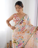 Multicolor Pastel Floral Printed Silk Saree with Mirror Lace Border