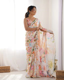 Multicolor Pastel Floral Printed Silk Saree with Mirror Lace Border