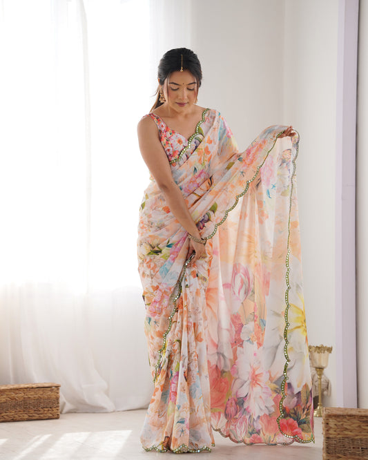 Multicolor Pastel Floral Printed Silk Saree with Mirror Lace Border