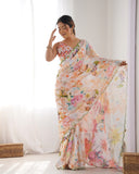 Multicolor Pastel Floral Printed Silk Saree with Mirror Lace Border