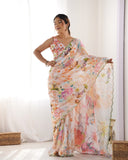 Multicolor Pastel Floral Printed Silk Saree with Mirror Lace Border
