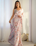 Soft Pastel Pink Floral Silk Saree with Printed Ethnic Border & Blouse Piece