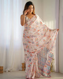 Soft Pastel Pink Floral Silk Saree with Printed Ethnic Border & Blouse Piece