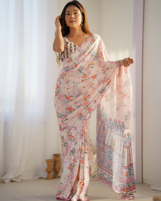 Soft Pastel Pink Floral Silk Saree with Printed Ethnic Border & Blouse Piece