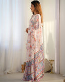 Soft Pastel Pink Floral Silk Saree with Printed Ethnic Border & Blouse Piece