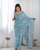 Sky Blue Ethnic Printed Silk Saree with Scalloped Lace and Blouse Piece