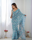 Sky Blue Ethnic Printed Silk Saree with Scalloped Lace and Blouse Piece