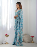 Sky Blue Ethnic Printed Silk Saree with Scalloped Lace and Blouse Piece