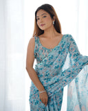 Sky Blue Ethnic Printed Silk Saree with Scalloped Lace and Blouse Piece