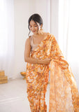 Orange Floral Printed Saree with Mirror Border Lightweight Festive Wear Saree