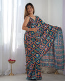Navy Blue Multicolor Printed Silk Saree with Embellished Border and Blouse